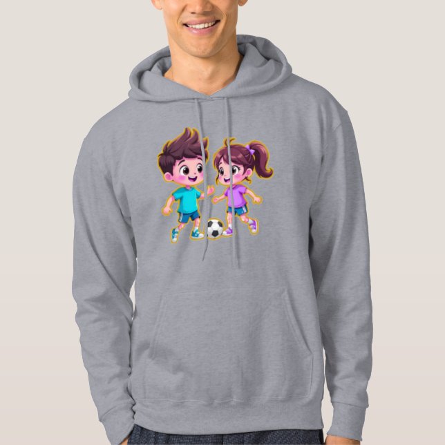 Cute Cartoon Boy and Girl Playing Soccer Together  Hoodie (Front)