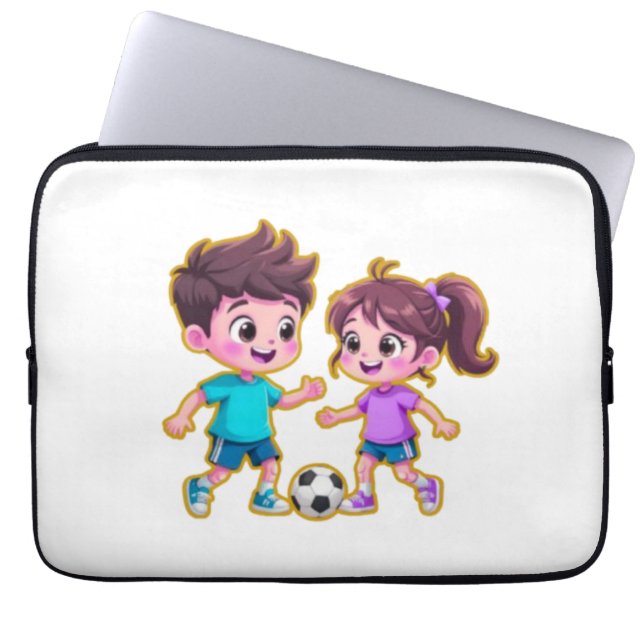 Cute Cartoon Boy and Girl Playing Soccer Together  Laptop Sleeve (Front)