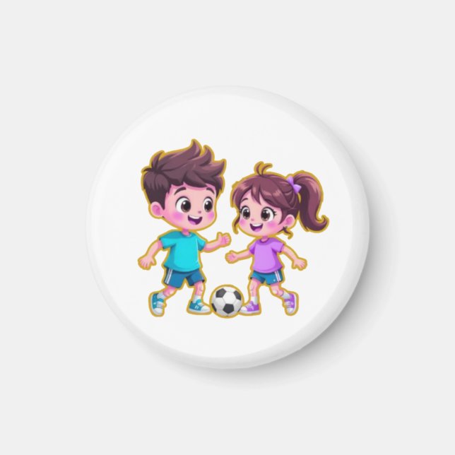 Cute Cartoon Boy and Girl Playing Soccer Together  Magnet (Front)
