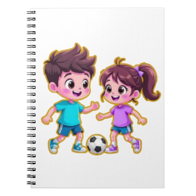 Cute Cartoon Boy and Girl Playing Soccer Together  Notebook (Front)