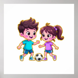 Cute Cartoon Boy and Girl Playing Soccer Together  Poster
