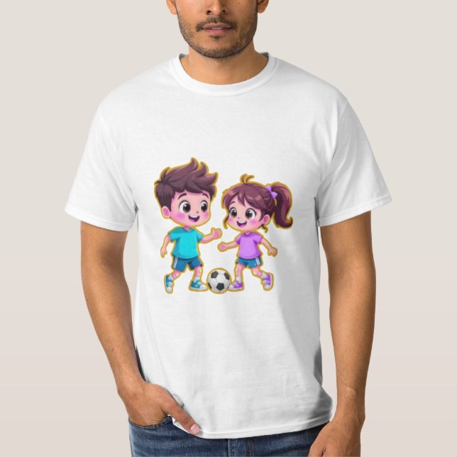 Cute Cartoon Boy and Girl Playing Soccer Together  T-Shirt (Front)