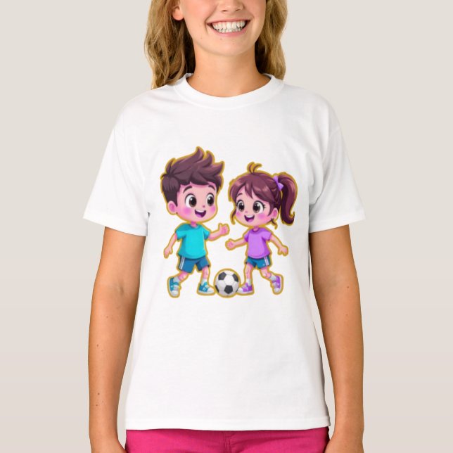 Cute Cartoon Boy and Girl Playing Soccer Together  T-Shirt (Front)