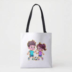 Cute Cartoon Boy and Girl Playing Soccer Together  Tote Bag
