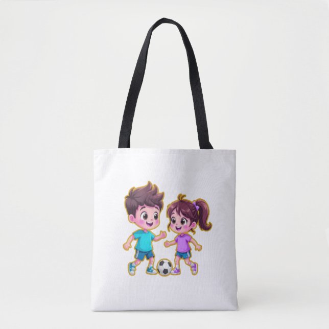 Cute Cartoon Boy and Girl Playing Soccer Together  Tote Bag (Front)
