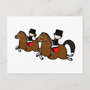 Cute cartoon boy girl riding dressage horses postcard