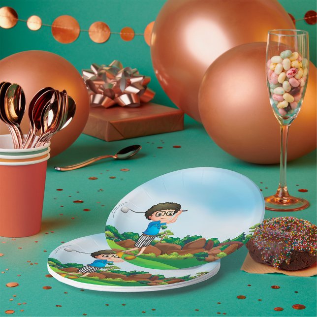 Cute Cartoon Boy Golfing Fun Golf Lover Design  Paper Plate (Creator Uploaded)