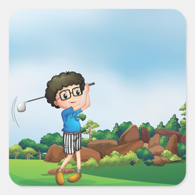Cute Cartoon Boy Golfing Fun Golf Lover Design  Square Sticker (Front)
