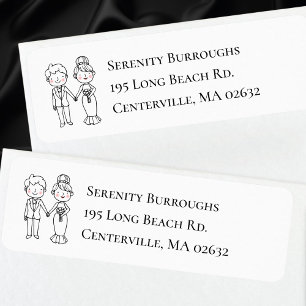 Cute Cartoon Bride Black White Boho Groom Wedding Return Address Label