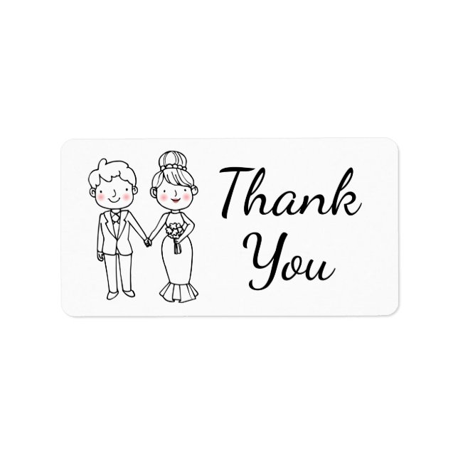 Cute Cartoon Bride Black White Thank You Wedding Label (Front)