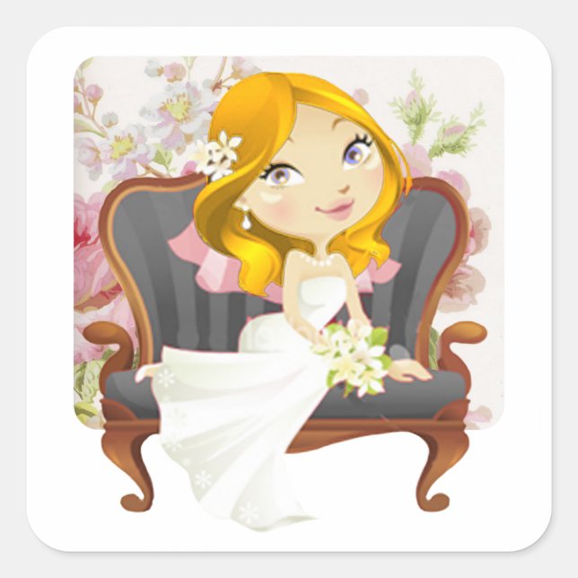 Cute Cartoon Bride Bridal Shower Square Sticker (Front)