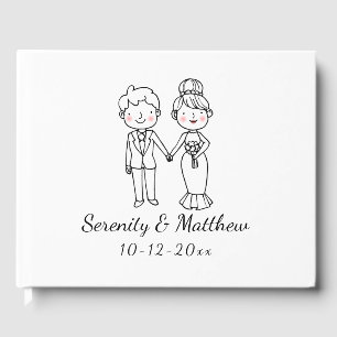Cute Cartoon Bride Groom Black White Wedding  Guest Book
