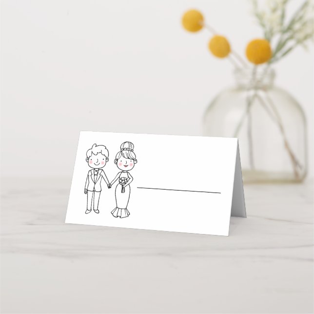 Cute Cartoon Bride Groom Black White Wedding Party Place Card (Front)