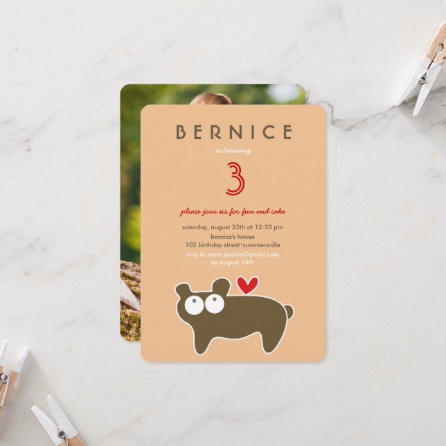 Cute Cartoon Brown Bear Kid's Birthday Party Photo Invitation (Front/Back In Situ)