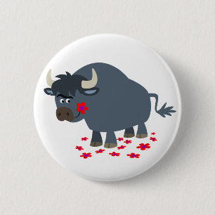 Cute Cartoon Bull and Red Bloom Button Badge