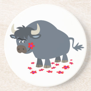 Cute Cartoon Bull and Red Bloom Coaster