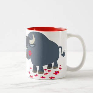 Cute Cartoon Bull and Red Bloom Mug