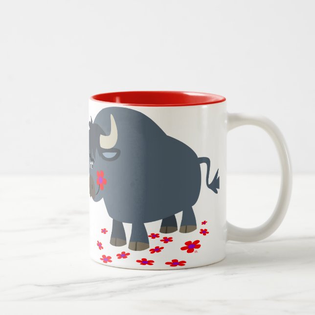 Cute Cartoon Bull and Red Bloom Mug (Right)