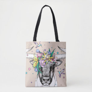 Cute cartoon bull in a floral wreath. Bright portr Tote Bag
