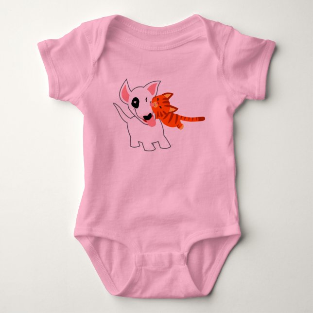 Cute Cartoon Bull Terrier and Kitten Baby Clothing Bodysuit (Front)