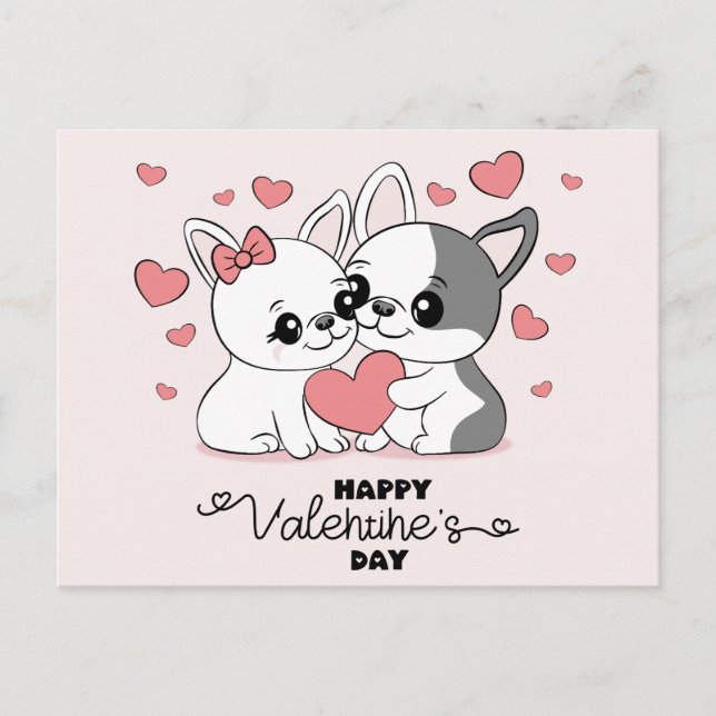 Cute Cartoon Bulldog Lovers Heart Valentine’s Day  Postcard (Front)
