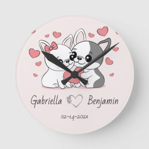 Cute Cartoon Bulldog Lovers Heart Valentine’s Day  Round Clock