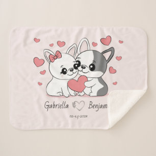 Cute Cartoon Bulldog Lovers Heart Valentine’s Day Sherpa Blanket