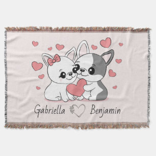 Cute Cartoon Bulldog Lovers Heart Valentine’s Day Throw Blanket