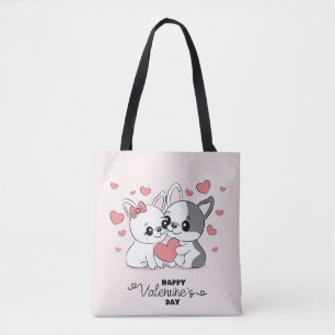 Cute Cartoon Bulldog Lovers Heart Valentine’s Day Tote Bag