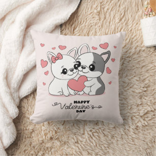 Cute Cartoon Bulldog Lovers Hearts Valentine’s Day Cushion