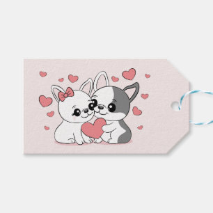 Cute Cartoon Bulldog Lovers Hearts Valentine’s Day Gift Tags