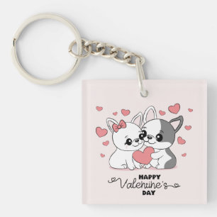 Cute Cartoon Bulldog Lovers Hearts Valentine’s Day Key Ring