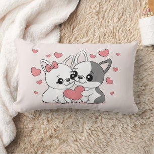 Cute Cartoon Bulldog Lovers Hearts Valentine’s Day Lumbar Cushion