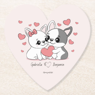 Cute Cartoon Bulldog Lovers Hearts Valentine’s Day Paper Coaster