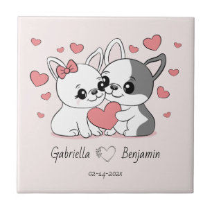 Cute Cartoon Bulldogs Lovers Heart Valentine’s Day Ceramic Tile