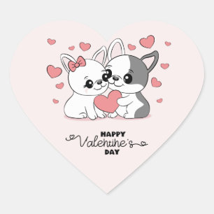 Cute Cartoon Bulldogs Lovers Heart Valentine’s Day Heart Sticker