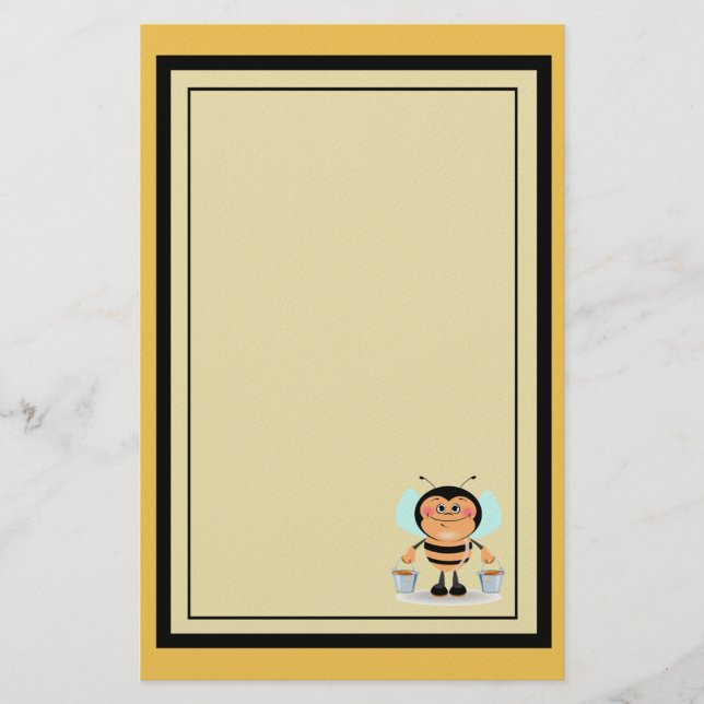 Cute Cartoon Bumble Bee Carrying Buckets of Honey Stationery (Front)