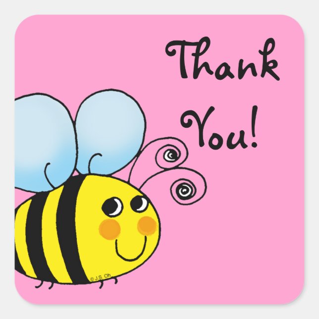 Cute cartoon bumble bee thank you square sticker (Front)