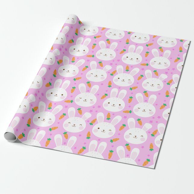Cute cartoon bunnies and carrots on pink pattern wrapping paper (Unrolled)