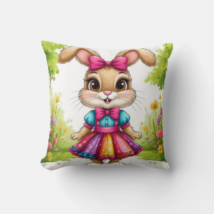 Cute Cartoon Bunny in Colorful Dress Cushion