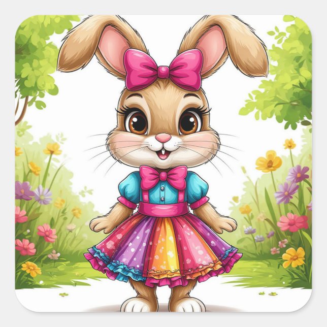 Cute Cartoon Bunny in Colourful Dress Square Sticker (Front)