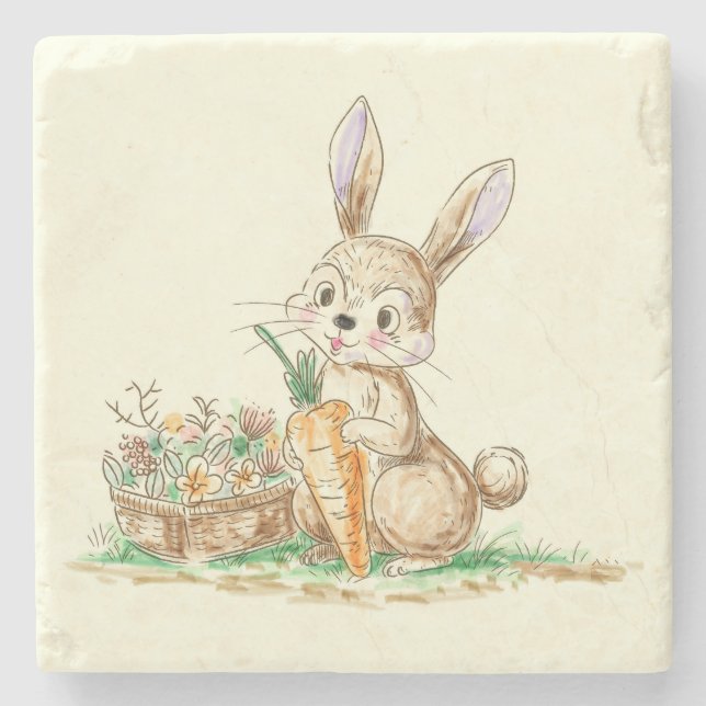 Cute Cartoon Bunny Rabbit Sketch Stone Coaster (Front)