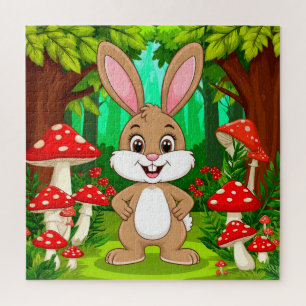Cute Cartoon Bunny Stands In A Lush Forest Jigsaw Puzzle