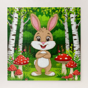 Cute Cartoon Bunny Stands In A Lush Forest Jigsaw Puzzle