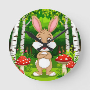 Cute Cartoon Bunny Stands In A Lush Forest Round Clock