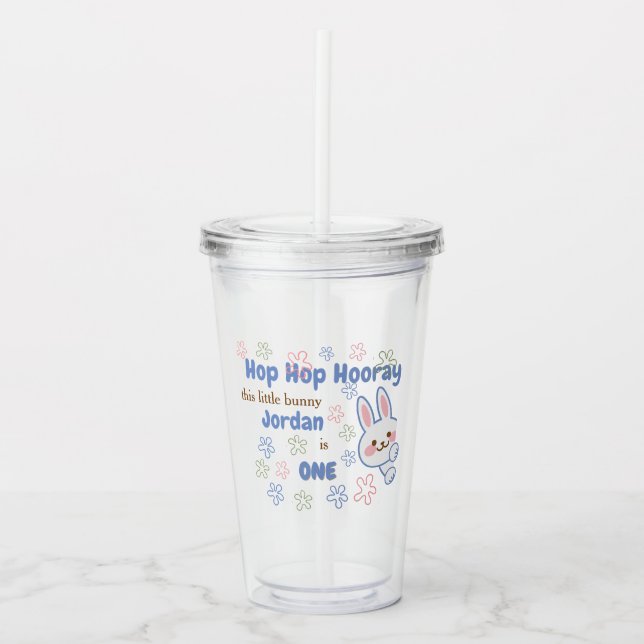 Cute Cartoon Bunny Turning One Boys 1st Birthday  Acrylic Tumbler (Front)