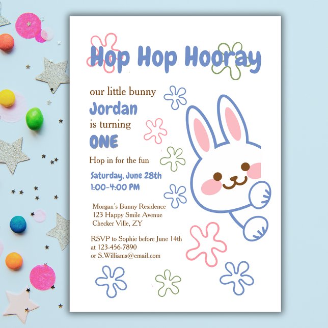 Cute Cartoon Bunny Turning One Boys 1st Birthday  Invitation (Creator Uploaded)