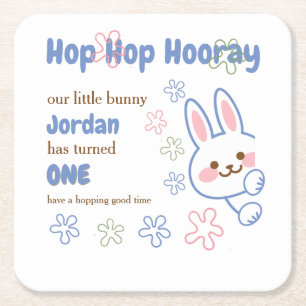 Cute Cartoon Bunny Turning One Boys 1st Birthday Square Paper Coaster