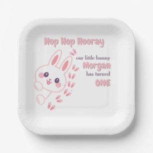 Cute Cartoon Bunny Turning One Girls 1st Birthday  Paper Plate