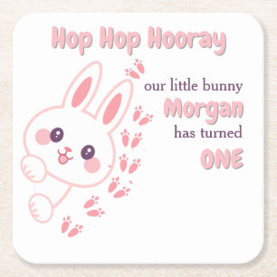 Cute Cartoon Bunny Turning One Girls 1st Birthday Square Paper Coaster